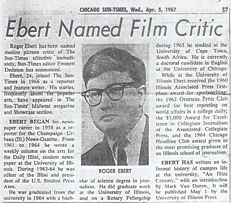Así recogía el Chicago Sun Times el nombramiento de Roger Ebert como su crítico principal en 1967 justo hace 46 años