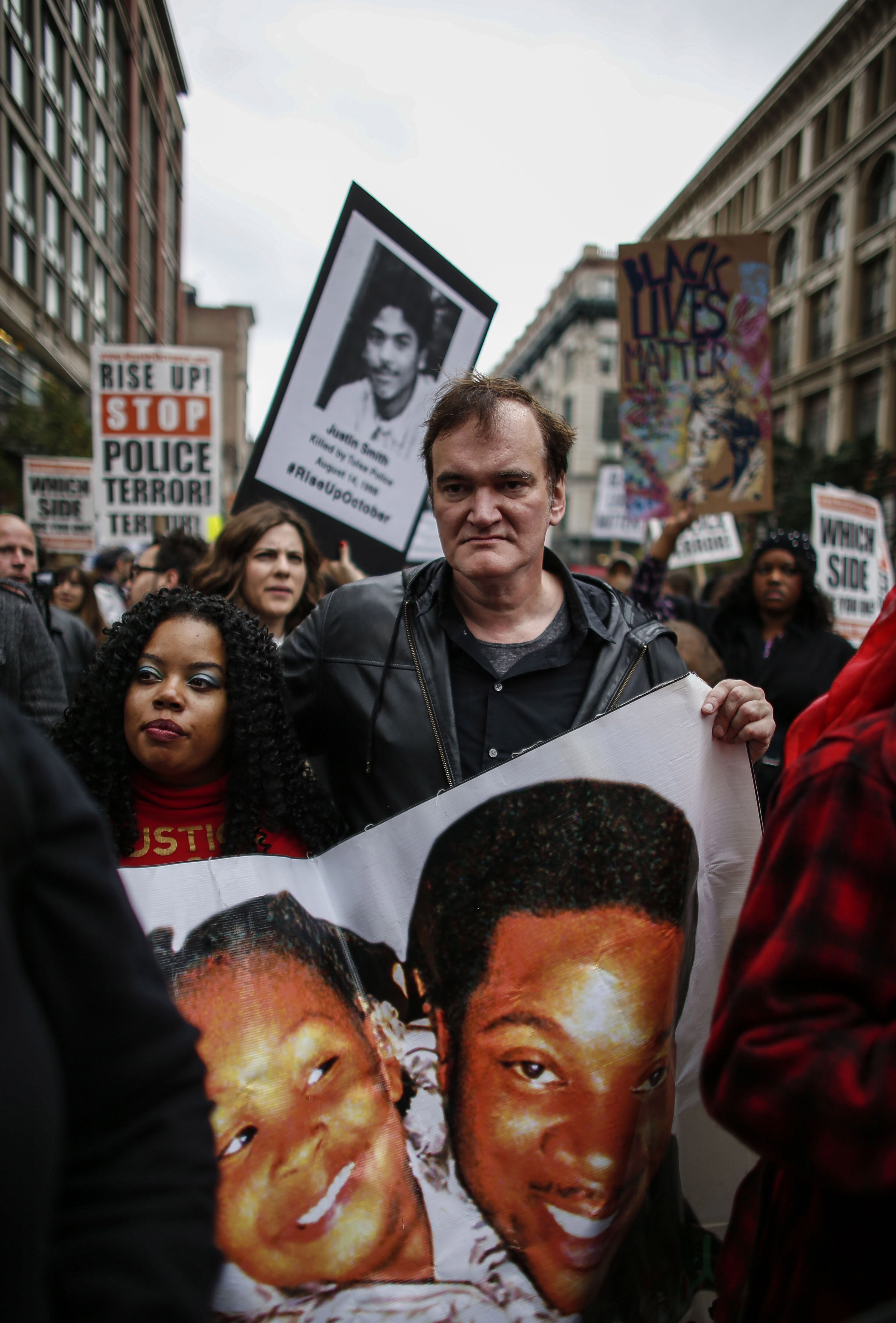 NEW YORK, NY - OCTOBER 24: Director Quentin Tarantino attends a march to denounce police brutality in Washington Square Park October 24, 2015 in New York City. The rally is part of a three-day demonstration against officer-involved abuse and killing. (Photo by Kena Betancur/Getty Images)
