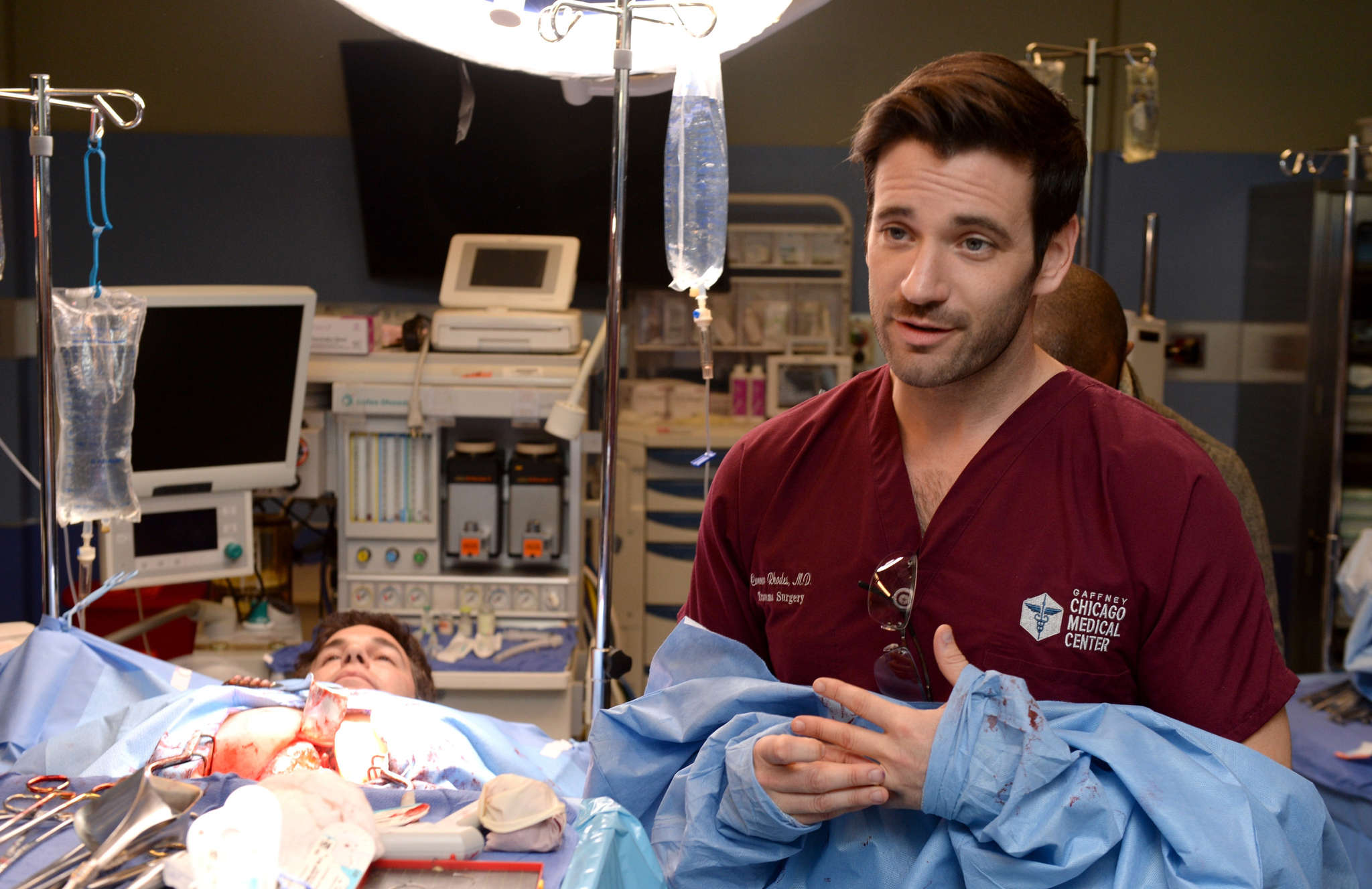 CHICAGO, IL - NOVEMBER 09: Actor Colin Donnell performs an on set demonstration of "Chicago Med" during the press junket for NBC's 'Chicago Fire', 'Chicago P.D.' and 'Chicago Med' at Cinespace Chicago Film Studios on November 9, 2015 in Chicago, Illinois. (Photo by Daniel Boczarski/Getty Images)