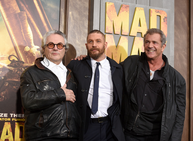 HOLLYWOOD, CA - MAY 07: (L-R) Writer/Director/Producer George Miller, actors Tom Hardy and Mel Gibson attend the premiere of Warner Bros. Pictures' "Mad Max: Fury Road" at TCL Chinese Theatre on May 7, 2015 in Hollywood, California. (Photo by Kevin Winter/Getty Images)