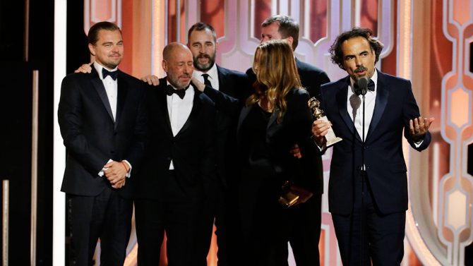 73rd ANNUAL GOLDEN GLOBE AWARDS -- Pictured: (l-r) Alejandro G. Inarritu, "The Revenant", Acceptor, Best Motion Picture, Drama at the 73rd Annual Golden Globe Awards held at the Beverly Hilton Hotel on January 10, 2016 -- (Photo by: Paul Drinkwater/NBC)