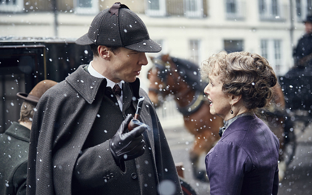 WARNING: Embargoed for publication until 00:00:01 on 24/11/2015 - Programme Name: Sherlock - TX: 01/01/2016 - Episode: The Abominable Bride (No. 1) - Picture Shows: **STRICTLY EMBARGOED FOR PUBLICATION UNTIL 24TH NOVEMBER 2015** Sherlock Holmes (BENEDICT CUMBERBATCH), Mrs Hudson (UNA STUBBS) - (C) Hartswood Films - Photographer: Robert Viglasky