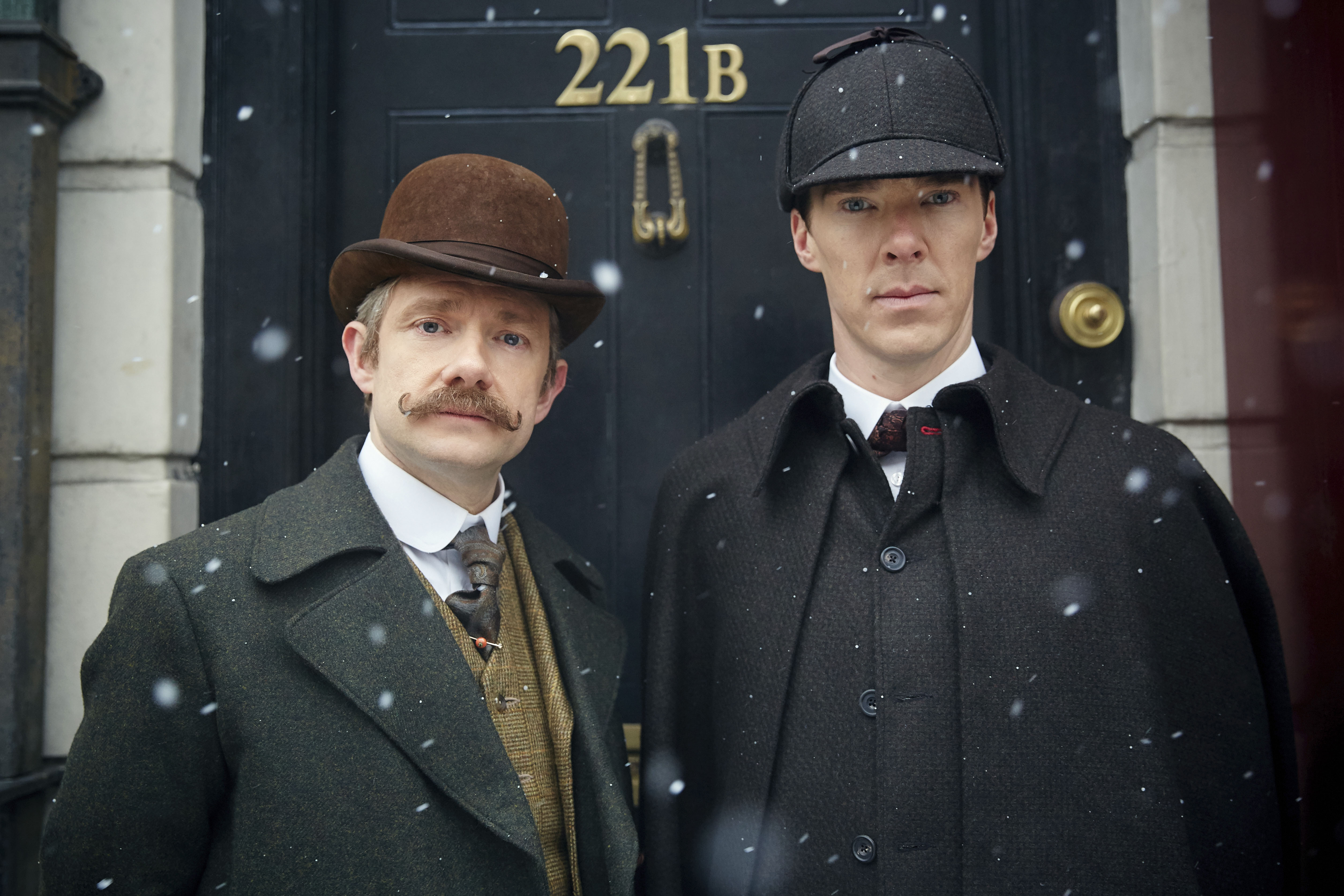 MASTERPIECE Sherlock: The Abominable Bride Benedict Cumberbatch (The Imitation Game) and Martin Freeman (The Hobbit) return as Sherlock Holmes and Dr. Watson in the acclaimed modern retelling of Arthur Conan Doyle's classic stories. But now our heroes find themselves in 1890s London. Beloved characters Mary Morstan (played by Amanda Abbington), Inspector Lestrade (Rupert Graves) and Mrs. Hudson (Una Stubbs) also turn up at 221b Baker Street. Sherlock: The Abominable Bride is a 90-minute Sherlock Special. Picture Shows: Dr. John Watson (MARTIN FREEMAN), Sherlock Holmes (BENEDICT CUMBERBATCH) © Robert Viglasky/Hartswood Films and BBC Wales for BBC One and MASTERPIECE This image may be used only in the direct promotion of MASTERPIECE. No other rights are granted. All rights are reserved. Editorial use only.
