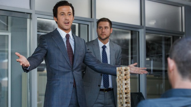 Left to right: Ryan Gosling plays Jared Vennett and Jeffry Griffin plays Chris in The Big Short from Paramount Pictures and Regency Enterprises