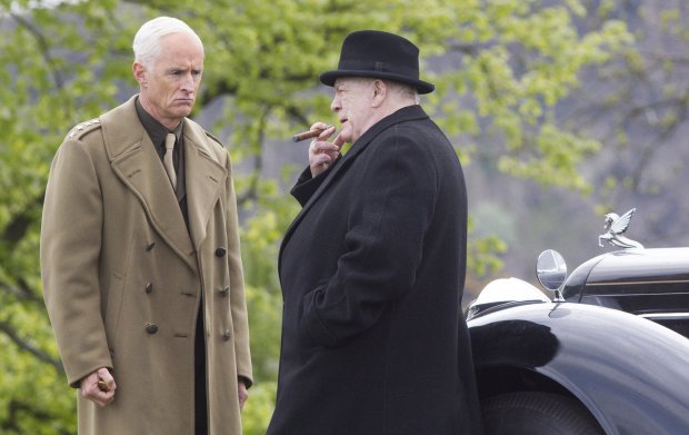 Brian Cox dressed as Winston Churchill and John Slattery as Dwight Eisenhower filming scenes in Edinburgh for a new biopic titled Churchill. The actor is to star as the British second world war leader Winston Churchill in the story of the 48 hours leading up to the D-Day landings in 1944. May 24 2016.