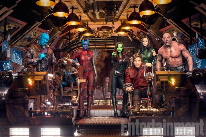The Cast of Guardians of The Galaxy, from left to right, Michael Rooker as Yondu, Rocket, Karen Gillan as Nebula, Zoey Saldana as Gamora, Chris Pratt as Star-Lord, Pom Klementieff as Mantis, and Dave Bautista, Drax the Destroyer and Baby Groot photographed exclusively for Entertainment Weekly on May 23, 2016 in Atlanta, Georgia.