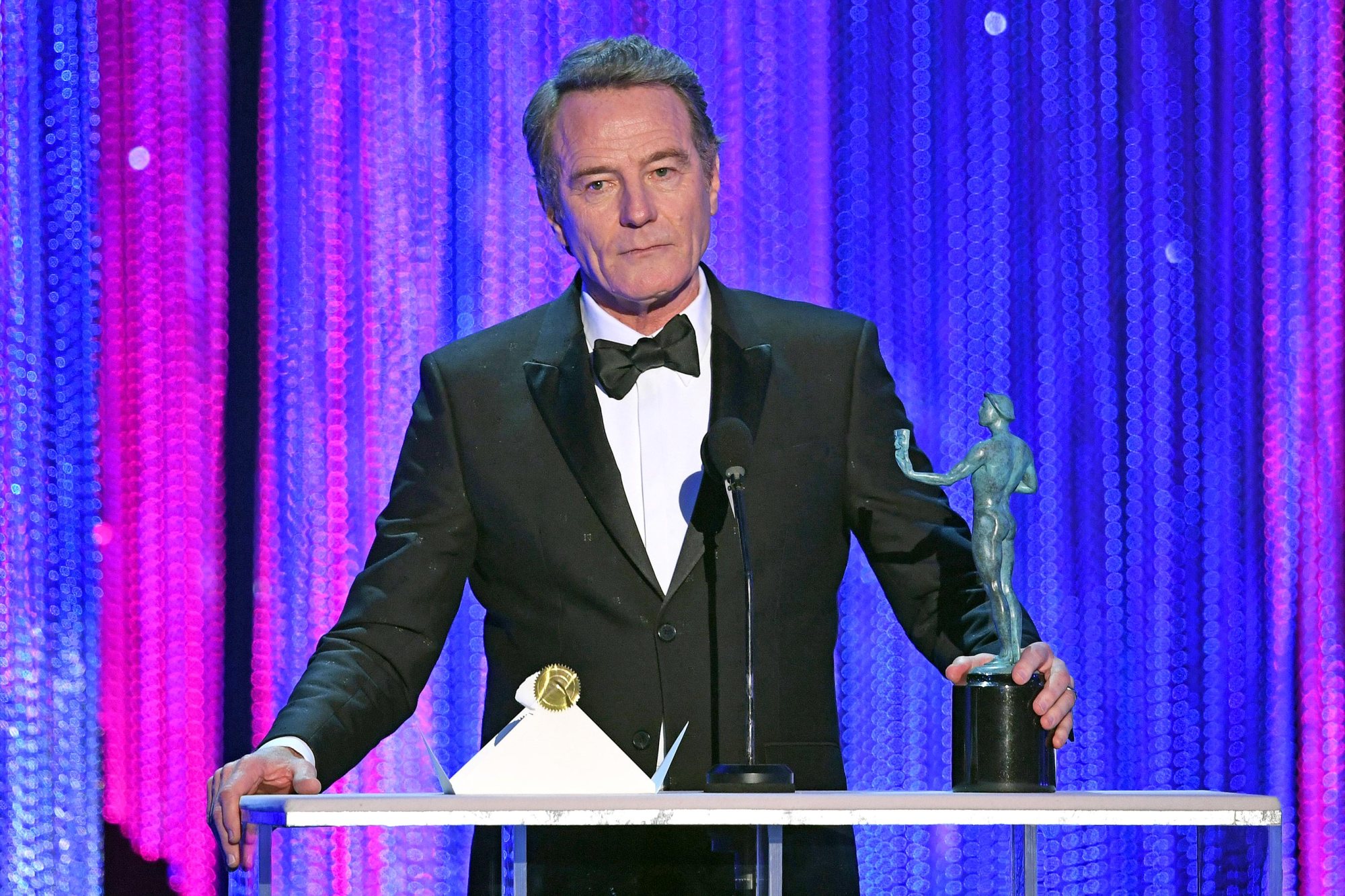 LOS ANGELES, CA - JANUARY 29:  Actor Bryan Cranston accepts Outstanding Performance by a Male Actor in a Miniseries or Television Movie for 'All the Way' onstage during The 23rd Annual Screen Actors Guild Awards at The Shrine Auditorium on January 29, 2017 in Los Angeles, California. 26592_014  (Photo by Kevin Winter/Getty Images )